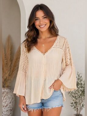 Baevely Boho Lace Sleeve Top Sz M | Cream Button Front Flowy Peasant Blouse